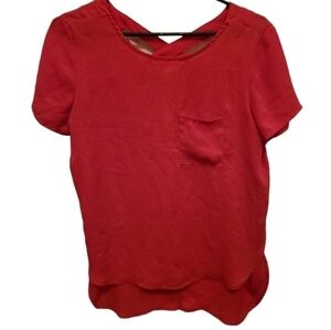 Lily White Womens Business Solid Red High Low Blouse W/ Pocket and CrissCross XS